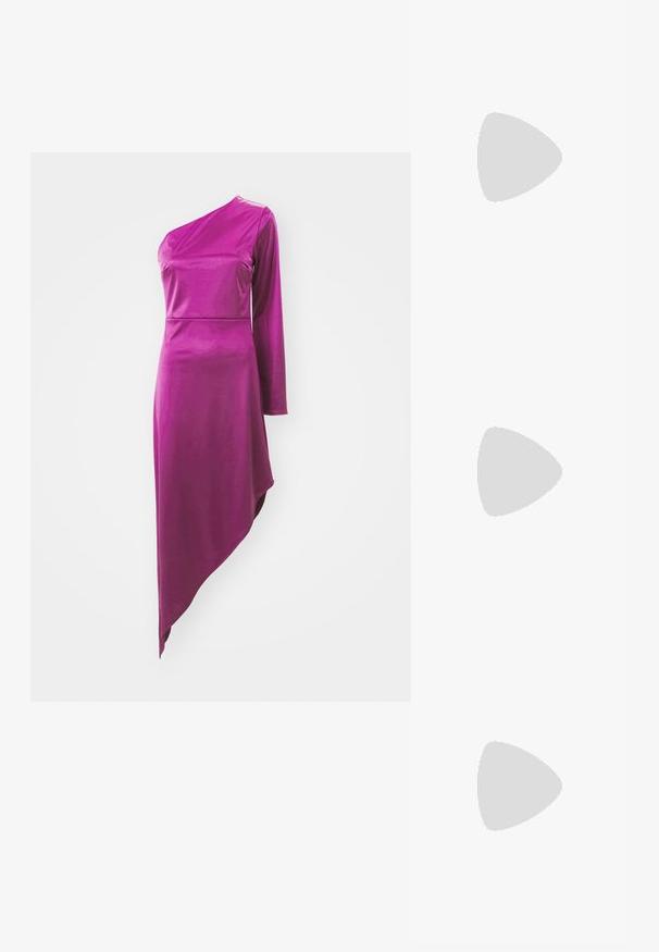 WAL G. OLESSIA ONE SLEEVE DRESS - Džersio suknelė - plum; Bežiniai aukštakulniai su plonu kulkšnies dirželiu, atvirais pirštais ir dviem įstrižais dirželiais per pėdą. Lygus odos paviršius, smailėjančios formos.; Aukso metalinės rankinės su struktūrizuotu dizainu, lygaus paviršiaus ir reguliuojama dirželiu. Pasižymi unikaliu trikampiu pavidalu ir minimalizmu siuvinėjime.; Auksinės spalvos žiedas, turintis organišką, sukimosi dizainą su lygiu paviršiumi ir siaurėjančiais galais, sukuriantis modernią skulptūrinę išvaizdą.