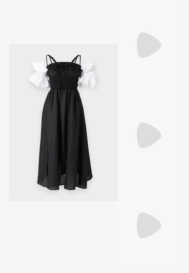 Sleeper ARLE MAXI DRESS  - Maksimekko - black/white; Kultaiset korot sandaalit, joissa on solmittu etuosa, laskostettu pinta ja nilkkaremmi. Paksu korko on uritettu, mikä parantaa pitoa.; Mustan nahka-buckettikassi, jossa on teksturoitu pinta, kultaiset metalliosat ja avoin yläosa. Ominaisuuksiin kuuluu lyhyt kahva ja säädettävä olkahihna.; Kultaketjut korvakorut, joissa on kierretystä muotoilusta valmistettu solmu. Jokaisessa korvassa on pyöreä, kirkas tausta varman käyttömukavuuden takaamiseksi.