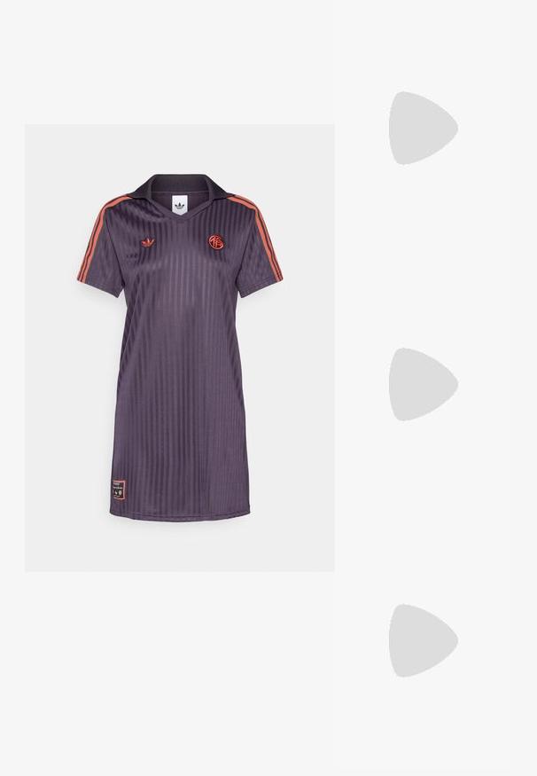 Jersey roxo riscado com colarinho, mangas curtas e riscas laranjas. Apresenta logótipos bordados no peito e detalhe da etiqueta na bainha.; Sapatilhas atléticas pretas e cinzentas apresentam um upper em malha, solas espessas e atacadores. Têm um bico arredondado e detalhes de amortecimento visíveis.; Cachecol cinza de lã com uma textura suave, apresentando bordas com franjas e um design simples. Dobrada de forma organizada, destacando sua forma alongada.; Bolsa de couro preta com forma curva, alça destacável e detalhes em dourado. A bolsa possui uma aba com detalhe de fivela.