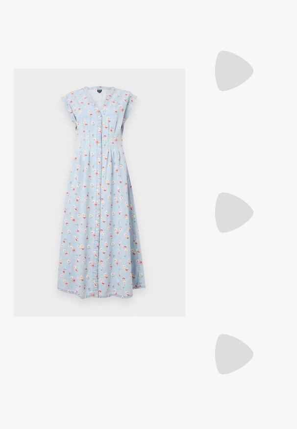 Vestido de denim azul claro com mangas curtas, decote em V, padrão floral em rosa e branco, fechamento com botões e uma silhueta longa e fluida.; Camiseta de algodão branca com um grande gráfico de lagosta vermelha brilhante na frente. Mangas curtas e design de gola redonda padrão.; Sapatilha alta de tela branca com sola de borracha preta, bico de borracha na frente e seis ilhós para os atacadores, apresentando um design limpo e minimalista.; Bolsa de mão em couro vermelho com um design angular e geométrico. Apresenta uma única alça ajustável e um fecho com aba, com detalhes cosidos.