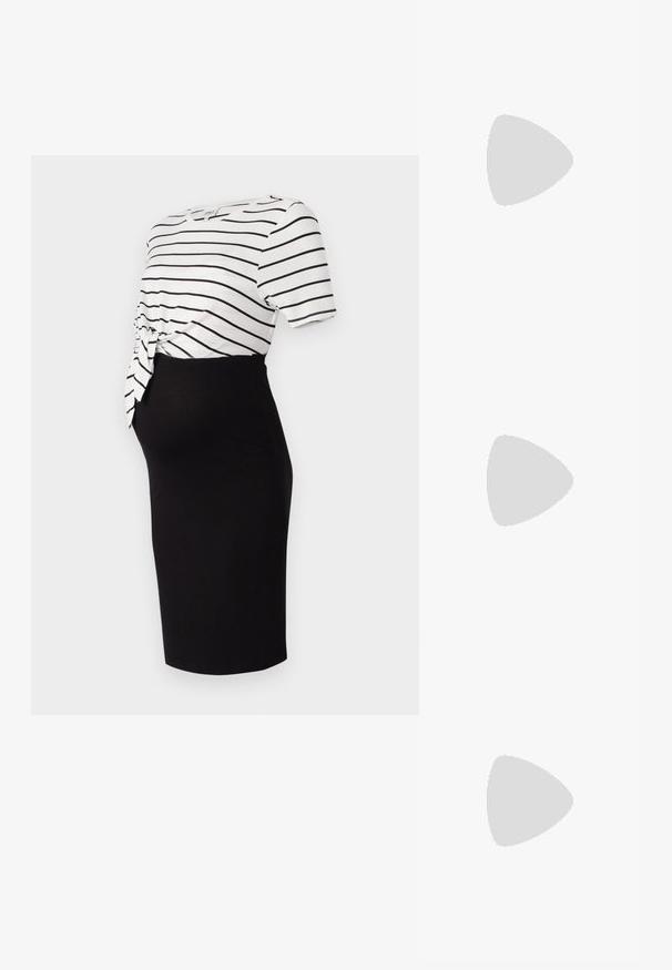 Black knee-length skirt paired with a white striped short-sleeve top featuring a tied knot detail at the waist, made from soft fabric.; Black patent leather slingback heels with a pointed toe and a geometric block heel. Features a sleek, minimal design and smooth texture.; Black leather handbag with a rounded shape, thick handle, and a silver chain strap. Smooth texture with a slight sheen.; Silver drop earrings with a square stud, featuring a smooth, polished finish and a teardrop shape, reflecting light with a glossy surface.