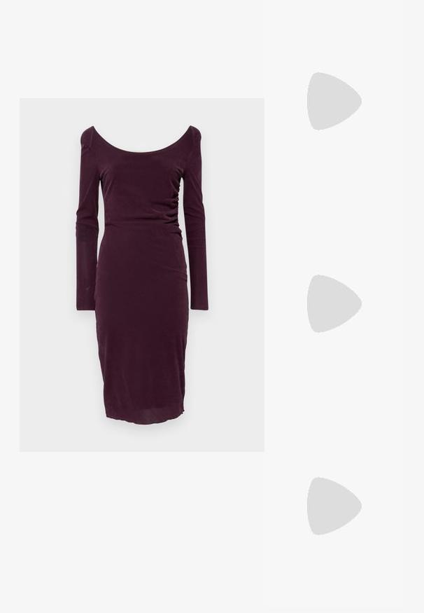 Long-sleeved, deep burgundy dress with a boat neckline, fitted silhouette, and subtle ruching detail on one side. Smooth fabric texture.; Black high-heeled sandals feature thin straps with a knotted design, a smooth square toe, and a sleek stiletto heel.; Light gray metallic handbag featuring a chain strap, embellished with small circular metallic studs and a triangular brand logo.; Silver metal earrings with a smooth, teardrop shape and a polished finish. Subtle engravings add detail. Minimalist design.