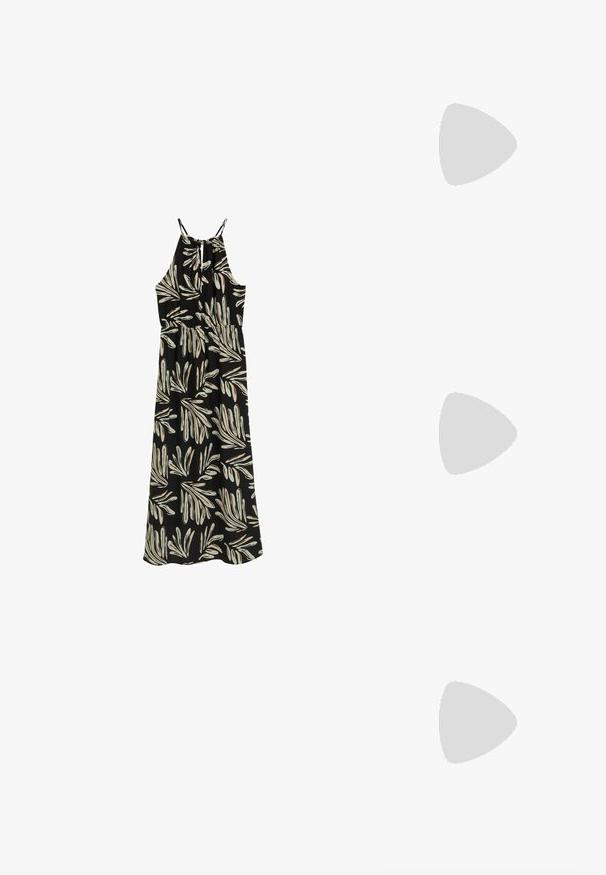 Mustat maksimekko, jossa on lehtikuosi beigen ja vaaleansinisinä. Haaruka-kauluksellinen muotoilu, jossa on säädettävät hihnat ja joustava vyötärö.; Mustat nahkakengät, joissa on terävä kärki ja matala lohkare korko. Varustettu nilkkahihnalla, jossa on kultasävyinen solki. Lisää sileä pinta.; Mustat ylisuurten kehysten aurinkolasit, joissa on liukuväri-linssit, paksut kehykset ja kultasävyiset ketjustuskoristeet temppeleissä.; Valkoinen rakenteellinen käsilaukku, jossa on lyhyet kahvat ja olkahihna, varustettu kultaisilla metalliosilla ja tekstuurilla, esillä harmaata taustaa vasten.