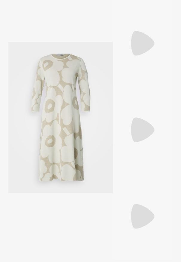 Marimekko ETEVÄ UNIKKO - Kampsunkleit - light grey/beige; Must mustaga, terav varvas, madala kontsaga sildiga king, mis on valmistatud siledast nahast ja mille küljel on lõike disain hingavuse tagamiseks.; Musthave mustrans vöö ja eemaldatav õlarihm. Gludike nahk siledaga, millel on tõmblukk ja logo detail.; Kolme metallist rõngast: üks roosa kuld, üks kuld tekstuursete aktsentidega ja üks hõbe, kõik sisepoolt graveeritud brändinguga.