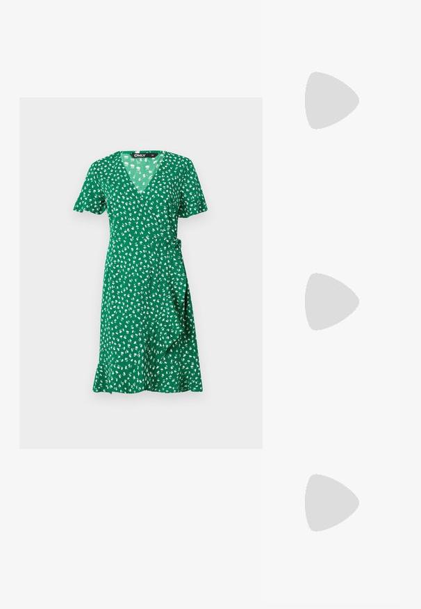 ONLY ONLOLIVIA WRAP DRESS - Dnevna haljina - verdant green; Cipele s visokom potpeticom i špicastim vrhom u srebrnoj, zlatnoj i nude boji. Sjajan finiš s izrezbarenim dizajnom, s potpeticom u obliku stiletto.; Srebrna metalik torbica s mekim, zaobljenim oblikom i čvorastim zatvaranjem na vrhu. Izrađena od glatke sintetičke kože.; Srebrne naušnice s obručima i uvijenim dizajnom, s poliranim završetkom i pričvršćivanjem na stražnjoj strani. Mjere otprilike 3 cm u promjeru.