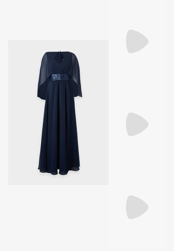Navy blue maxi dress with a V-neck and sheer cape sleeves. A sequined waistband adds texture and shimmer. Smooth, flowing fabric.; Pointed-toe high heel shoe with a silver, gold, and nude color scheme. Glossy finish with cutout design, featuring a stiletto heel.; Silver metallic pouch bag with a soft, rounded shape and a knotted top closure. Made from smooth faux leather material.; Silver hoop earrings with a twisted design, featuring a polished finish and post-back closure. Measure approximately 3 cm in diameter.