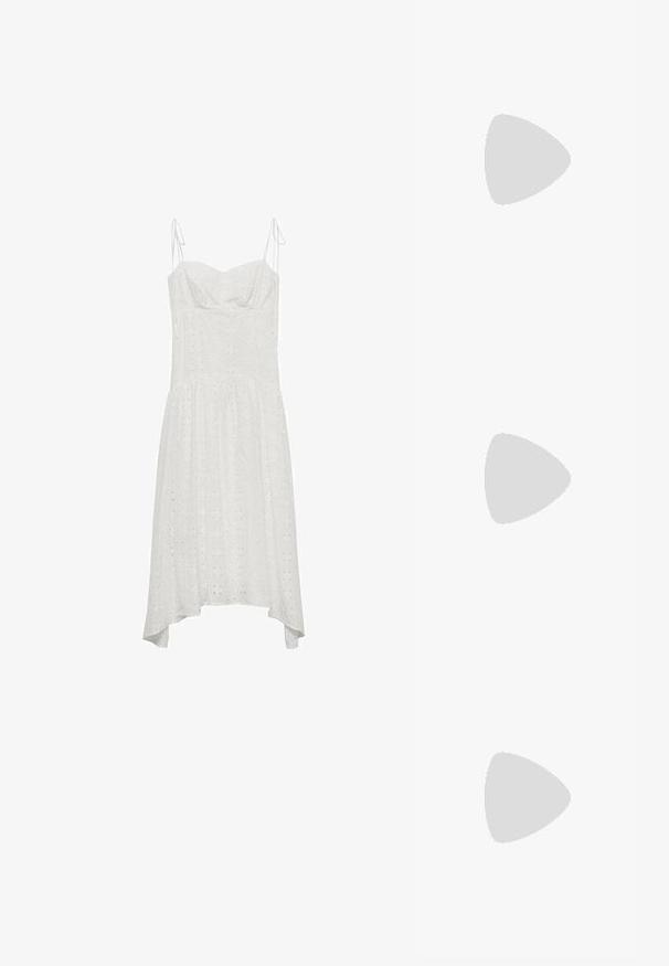 White cotton dress with adjustable straps, sweetheart neckline, eyelet pattern, and asymmetric hem. Soft texture and flowy design.; Black flip-flop featuring a textured rubber sole, two slender straps, and a subtle, embossed logo detail on the strap.; Black oversized sunglasses with oval lenses, smooth plastic frame, and gold accents on temple. Dark lenses provide sun protection.; Black leather crossbody bag with two front zip pockets, a structured shape, adjustable strap, and textured surface.