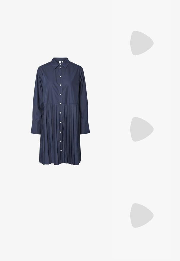 Navy blue shirt dress with a collar, full-length sleeves, button-down front, and pleated skirt section. Made of smooth fabric with a structured design.; Black patent leather slingback shoes with a pointed toe, silver hardware detail, and a low block heel. Smooth, shiny texture throughout.; Black leather crossbody bag featuring a smooth texture, rectangular shape, and a metallic chain detail on the front. Adjustable strap included.; Silver drop earrings with a square stud, featuring a smooth, polished finish and a teardrop shape, reflecting light with a glossy surface.