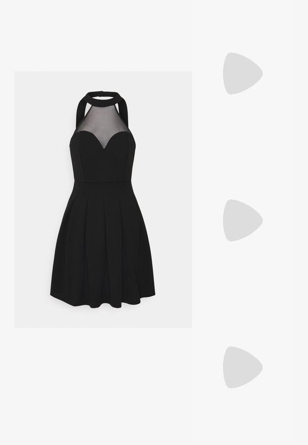 Abito nero con collo halter e pannello in rete. Presenta uno scollo a cuore, gonna plissettata e corsetto aderente. Tessuto dalla texture liscia.; Slingback bianco con punta affusolata, materiale superiore liscio, tacco basso a blocco e design con ritagli laterali, dotato di cinturino regolabile con fibbia.; Occhiali da sole rotondi con lenti scure e montatura dorata. Il modello indossa un cardigan leggero azzurro a costine con bottoni e maniche bianche a contrasto.; Wristlet Michael Kors in tela rivestita beige con motivo a logo MK ripetuto, hardware dorato e tracolla a catena staccabile.