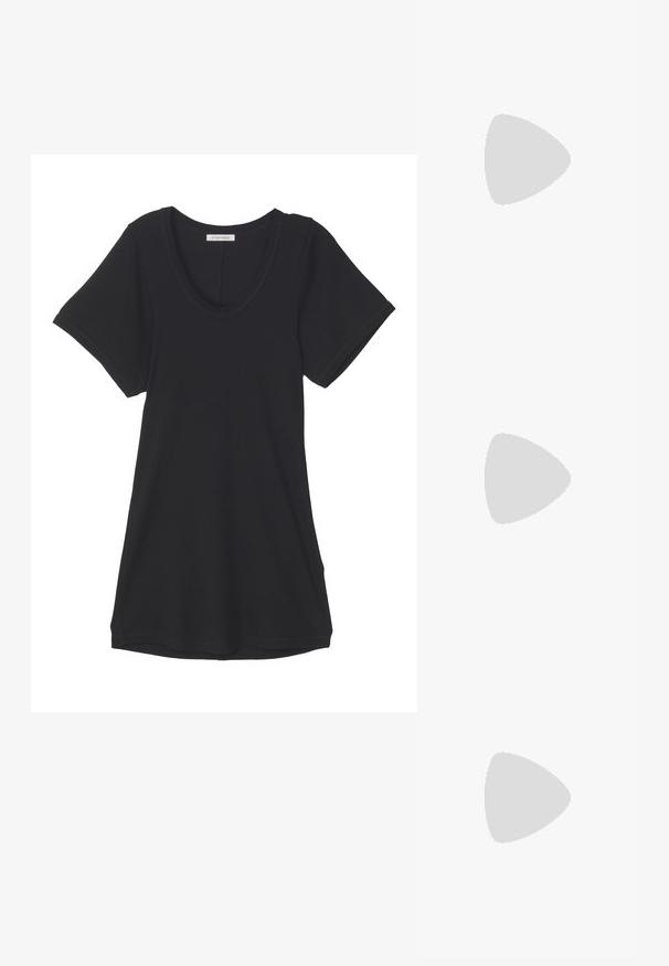 Black short-sleeve T-shirt made of soft fabric, featuring a scoop neckline and a relaxed fit. Smooth texture with no visible patterns or accents.; Black flat slide sandal made of synthetic material, featuring a wide strap with a metallic logo accent and a smooth, glossy finish.; Black handbag made of textured leather, featuring a diamond pattern, gold-tone chain strap, and a top handle with a logo-embossed flap closure.; Gold spiral pendant with a white pearl on brown leather cord. Pendant features smooth, flowing lines and metallic accents.