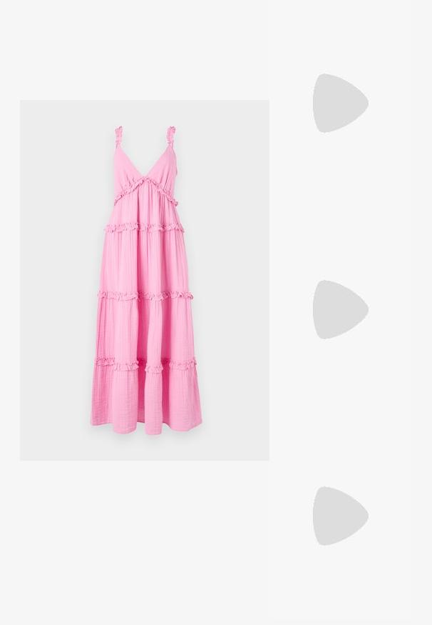Pink tiered dress made of lightweight fabric with ruffled straps and accents. Features a V-neck and flowing design with horizontal gathers.; Black patent leather pump with a pointed toe, ankle strap, and a chunky heel. Smooth texture with a shiny finish.; Gold metallic handbag with a structured design, smooth texture, and adjustable strap. Features a unique triangular shape and minimalist stitching.; Gold-tone hoop earrings with a smooth, polished finish. Features a half-circle shape and a secure post closure.
