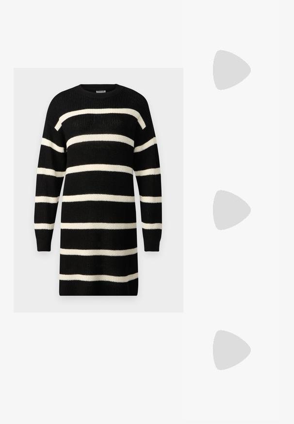 Vestuário de malha preto com largas riscas horizontais em creme, com decote redondo e mangas longas. Tecido texturizado com punhos e bainha canelados.; Zign Botas - black; Óculos de sol pretos, angulares, com lentes cinzas; feitos de plástico, apresentando hastes grossas com uma superfície lisa e sem hardware visível.; Um lenço castanho escuro está cuidadosamente dobrado com extremidades pontiagudas, repousando sobre um fundo branco. O tecido parece suave e texturizado.; Bolsa de couro castanho com duas alças robustas, formato retangular, textura lisa e fecho de zíper. Design minimalista sem padrões visíveis.