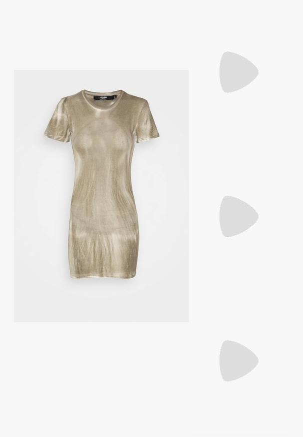 Short-sleeve, form-fitting dress in light khaki velvet with a smooth texture and subtle sheen, featuring a crew neckline and mini length.; Black patent heeled sandals with a square toe, ankle straps, and silver buckles. Features a chunky block heel for stability.; Black leather handbag with a curved shape, detachable strap, and gold hardware. The bag features a flap with a buckle detail.; Gold-tone earrings featuring textured, wavy shapes. Includes sculptural clip-on studs and open hoop design with a hammered finish.