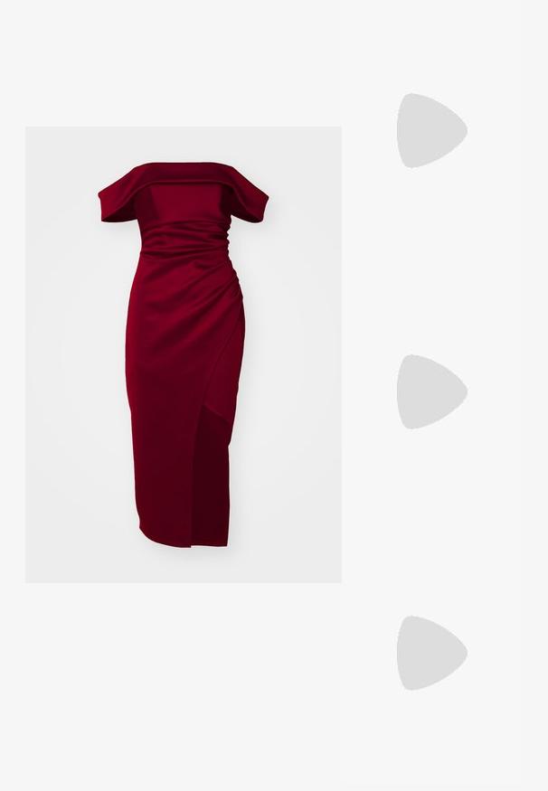 Kratka crvena haljina s off-the-shoulder izrezom, s naboranom teksturom, prilagođenim siluetom i bočnim prorezom, izrađena od glatkog, rastezljivog materijala.; Bijela slingback peta s oštrim vrhom, glatkim gornjim materijalom, niskom blok peta te dizajnom s bočnim izrezom i podešivom kopčom.; Ok Runde sunčane naočale s tamnim staklima i zlatnim okvirom. Model nosi svijetloplavi rebrasti kardigan s gumbima i kontrastnim bijelim rukavima.; Michael Kors novčanik na zapešću u bež premazanoj tkanini s ponavljajućim uzorkom MK loga, zlatnim hardverom i odvojivim lancem za nošenje.