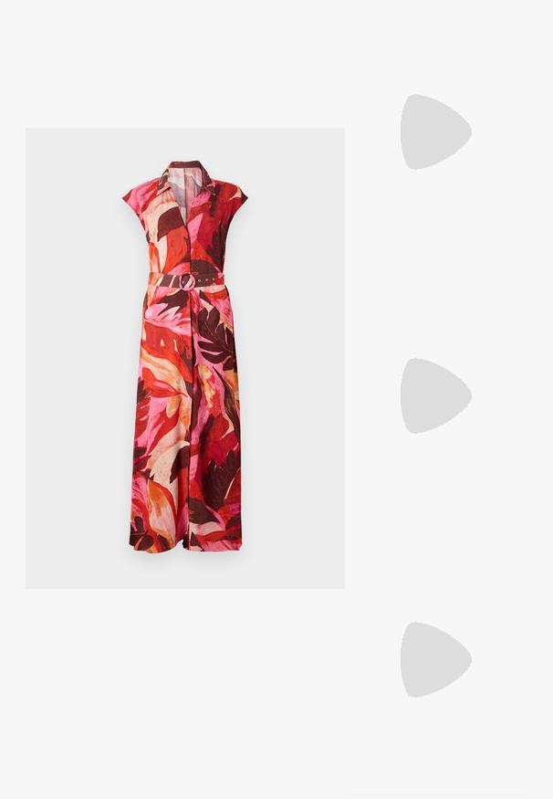 Robe maxi florale avec manches courtes, présentant une palette de couleurs vibrantes de rose et de rouge, une ceinture avec boucle circulaire et un col.; T-shirt en coton blanc avec un grand graphisme de homard rouge vif sur le devant. Manches courtes et design à col rond standard.; Baskets montantes en toile blanche avec semelle en caoutchouc noir, capuchon en caoutchouc à l'avant, et six œillets pour les lacets, présentant un design épuré et minimaliste.; Sac à main en cuir rouge avec un design angulaire et géométrique. Il dispose d'une seule sangle ajustable et d'une fermeture à rabat avec un detailing cousu.