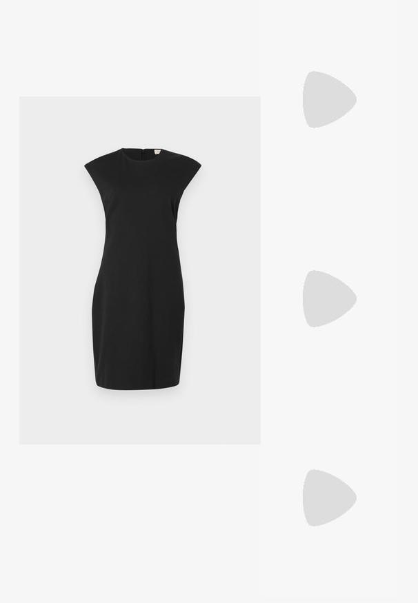 Melnas īsas kleitas elegants dizains, ar kapu aizsargapģērbu, augstu kakla izgriezumu un slēptu rāvējslēdzēju aizmugurē. Gluda, stiepjas auduma.; Melna ādas baleta kurpe, ar norādītu purngalu, minimālisma dizains, gluda tekstūra, zema papēža augstums, bez redzamiem aksesuāriem vai rotājumiem.; Metāliska zelta maciņš ar gludu, noapaļotu formu, aprīkots ar augšējo pogu aizdari un mazu ķēdes siksniņu ērtai nēsāšanai.; Sudraba divu joslu gredzens ar gludu, pulētu virsmu. Iezīmējas ar plūstošu, izliekta dizaina struktūru ar pārklājošām sekcijām modernam izskatam.