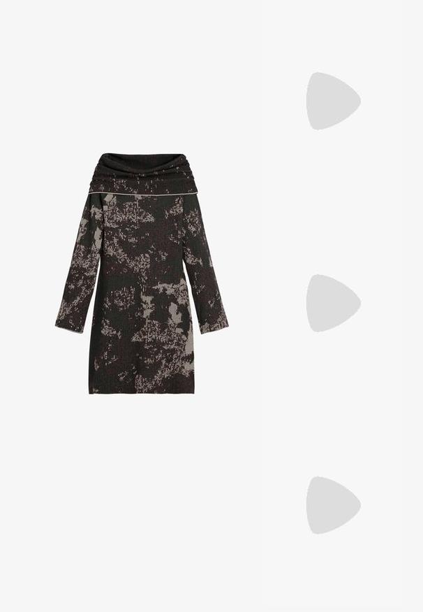 Neulemekko, jossa on kauluskanta, musta ja kerma-valkoinen abstrakti kuvio, pitkät hihat ja teksturoitu ribbineulemateriaali.; Bershka Korolliset sandaalit - black; Ruske gradiente aurinkolasit suurilla pyöreillä linsseillä, kiiltävät kilpikonnakuosiset kehykset ja sirot varret, joissa on hienovaraisia metallisia yksityiskohtia.; Mustekko mustasta kiiltonahasta valmistettu käsilaukku, jossa on kaareva muoto, yksi olkahihna, etutaskut ja hopeanväriset yksityiskohdat.