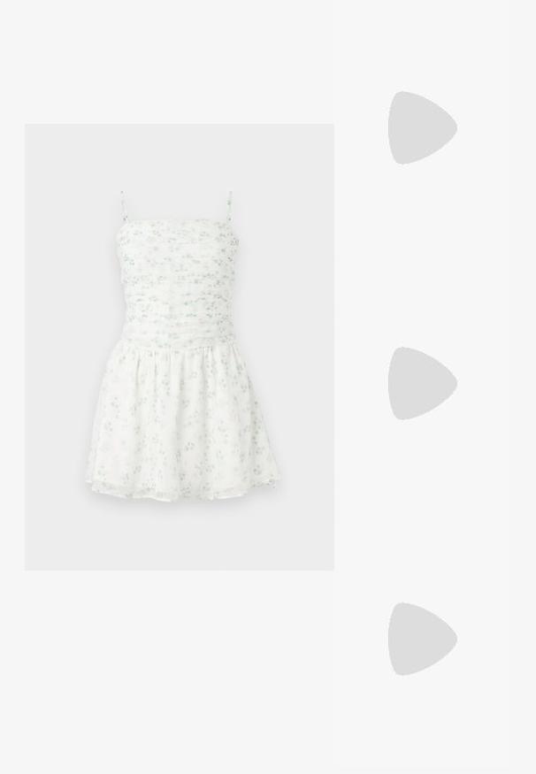 Bela cvetna obleka z zelenimi akcenti, ki ima naborkano korzet in tanke naramnice ter razširjen krilo. Lahek, zračen material z nežnim vzorcem.; Rjavi lakirani slingback čevelj z ostro konico in zmerno peto. Ima zaponko za varno prileganje. Gladka tekstura.; Črne pravokotne sončne očala z temnimi lečami, gladkim plastičnim okvirjem in ukrivljenimi nogicami. Oblika je robustna in minimalistična.; Bela strukturirana torba z kratkimi ročaji in naramnim trakom, z zlatimi okrasnimi elementi in teksturiranim materialom, prikazana na sivi podlagi.