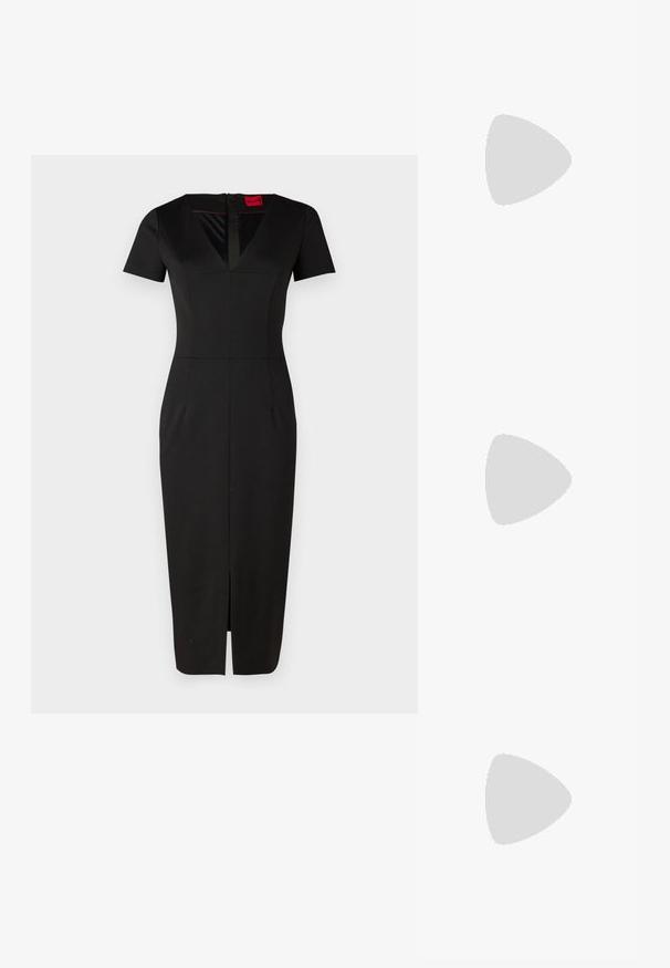 Black fitted dress with short sleeves, V-neckline, front slit, and structured design. Made from smooth, stretchy fabric. Tag visible.; Black high-heeled sandals feature thin straps with a knotted design, a smooth square toe, and a sleek stiletto heel.; Light gray metallic handbag featuring a chain strap, embellished with small circular metallic studs and a triangular brand logo.; Silver hoop earrings with a smooth, shiny finish. Rounded shape, lightweight design, featuring a post-back closure.