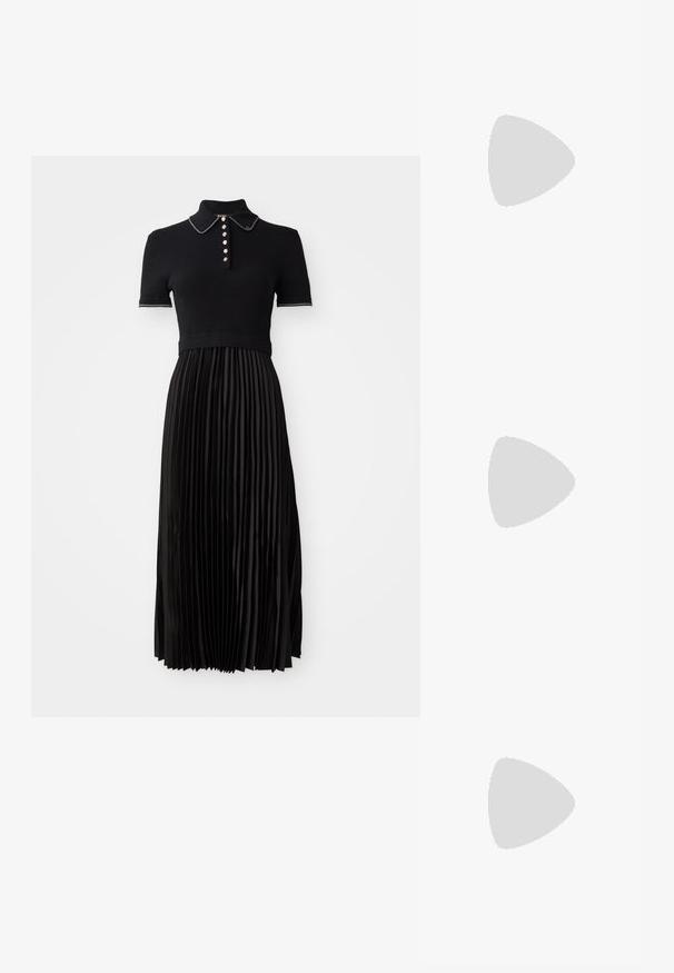 Vestido negro con un top de manga corta acanalado y falda de satén con pliegues. Presenta un cuello con solapas y botones decorativos en la parte delantera.; Tacón slingback negro de charol con punta afilada, que presenta un estampado de serpiente texturizado, correa ajustable y un tacón bloque corto y texturizado.; Bolso cruzado de cuero negro con dos bolsillos frontales, hebillas doradas, cierre de cremallera y una correa delgada. Superficie texturizada y forma rectangular compacta.; Pendientes de aro de metal en tono dorado con una forma curva y alargada. Presentan una superficie lisa y brillante y una punta redondeada para mayor detalle.