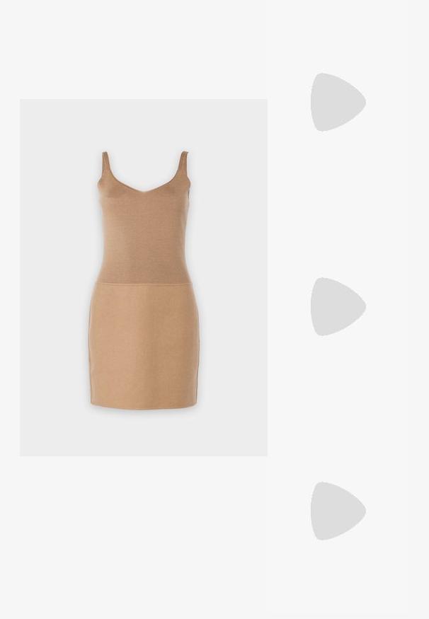 Knit sleeveless dress in light beige. Features a fitted bodice and straight skirt design. Smooth texture with a simple, elegant silhouette.; Black leather high heel sandal with open toe, asymmetrical design, ankle strap, and a metallic cone-shaped heel. Smooth texture throughout.; Black leather crossbody bag with two front pockets, gold buckles, zipper closure, and a slim strap. Textured surface and compact rectangular shape.; Gold-tone earrings featuring a rectangular, clear crystal dangling below a row of small, round clear accents. Sleek, modern design.