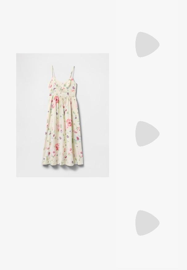 Kremna brezrokavnica midi obleka z rožnatim, rdečim, vijoličnim in zelenim cvetličnim potiskom ter tankimi nastavljivimi naramnicami.; Zlati, kovinski slingback čeveljci z ostrim nosom in masivnim peto. Gladka tekstura, minimalistična zasnova in ozka zanka.; Rumeno usnjeno-usnje z vzorcem krokodila, s strukturiranim dizajnom, zgornjo ročajem, snemljivo verižico in dekorativnim kristalnim okrasjem na zaponki.; Zlati prstan s organskim, zvitim dizajnom, gladko površino in taperiranimi konci, ki ustvarja modernega, skulpturalnega videza.