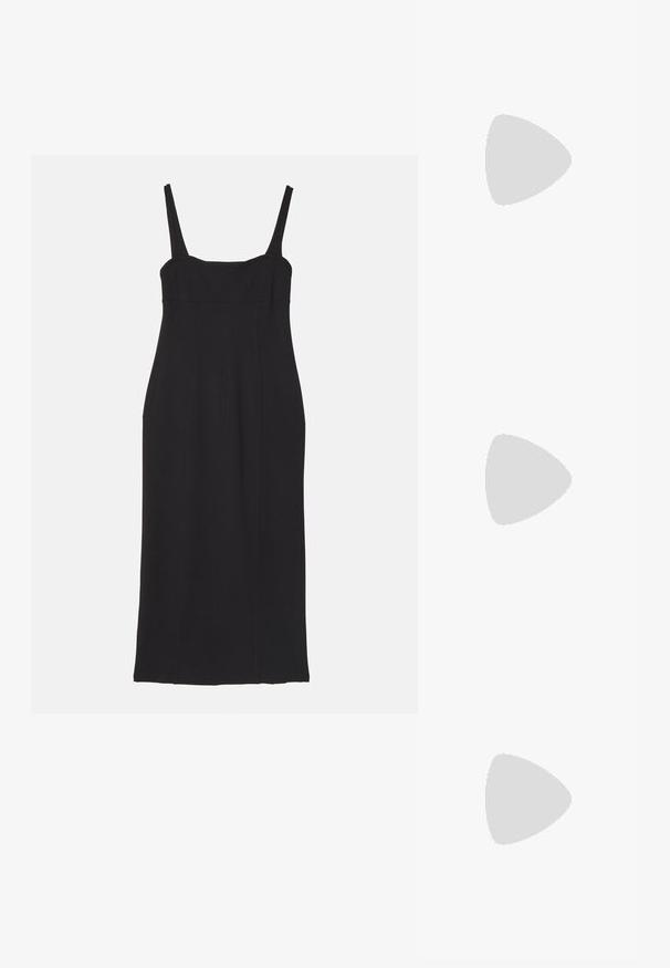 Robe noire sans manches avec un design ajusté, décolleté carré et coutures verticales. Fabriquée en tissu lisse, arrivant à mi-mollet.; Chaussures à talons noires à bride arrière avec un bout pointu, en cuir lisse, et un design épuré et minimaliste. Talon aiguille haut.; Pochette en sequins argentés avec un design plissé, bandoulière en chaîne et des finitions métalliques. Surface texturée réfléchissant la lumière. Forme arrondie.; Maria Black TRYVANN EAR CUFF - Boucle d'oreille individuelle - silver coloured