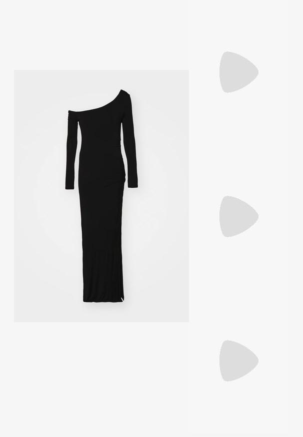 HUGO NIOLEA - Ballkleid - black; Schwarzer spitz zulaufender Slingback-Schuh mit niedrigem Absatz, der aus glattem Leder gefertigt ist und seitliche Ausschnitte für Atmungsaktivität aufweist.; Weiße Lederhandtasche mit abgerundeter Form, ausgestattet mit einem geprägten "CK"-Logo auf der Vorderseite und einem Einzel-Schultergurt. Reißverschluss oben.; DKNY HEART DROP - Ohrringe - gold-coloured/cry