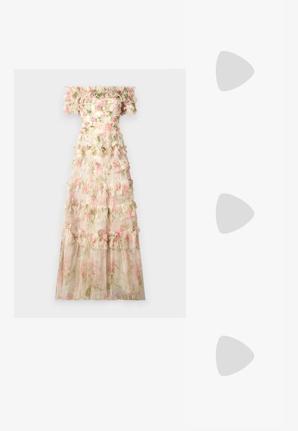 Needle & Thread ROSE LISETTE OFF SHOULDER GOWN - Alkalmi viselet - moonshine/pink; Fehér bőr, magassarkú cipő hegyes orral, bokapánttal és vékony tűs sarkal. Simaszövet, finom fényes felülettel.; Vanessa Bruno MINI DAILY BAG - Kézitáska - ivoire; Ezüst szív alakú lakatok, amelyeken vésett "IGEN" és "NEM" feliratok találhatók, polírozott felület, szimmetrikus kialakítás és robusztus fémcsat.