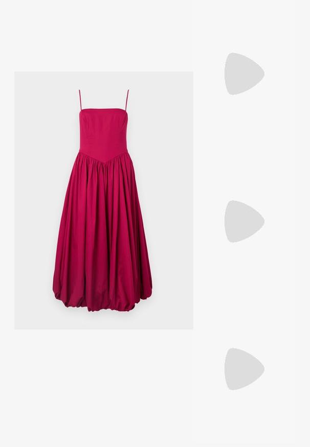 Robe sans manches fuchsia avec un corsage ajusté et une jupe évasée froncée. Fabriquée en tissu doux, elle présente une couture en V à la taille.; Sandale en suède taupe clair avec deux sangles ajustables et quincaillerie en or rose. Semelle en liège sur une semelle brune texturée. Design à bout ouvert.; Lunettes de soleil rondes avec des montures en métal doré et des verres vert foncé. Les branches présentent un design écaille de tortue pour un détail supplémentaire.; Sac à main beige en tricot avec un design froncé et une forme arrondie, doté d'une finition en tissu texturé et d'une ouverture supérieure douce.