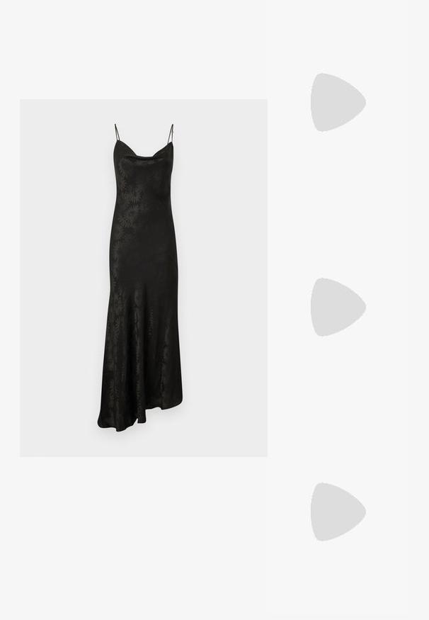 Melnas satīna maxi kleitas ar regulējamiem plāniem siksniņām, ar vilkošo kakla izgriezumu un ziedu rakstu, kas stiepjas visā audumā. A-līnijas siluets.; Melnas augstpapēžu sandales ar plāniem siksniņām un mezgla dizainu, gluda kvadrātveida purngalu un elegantu stiletto papēdi.; Gaiši pelēka metāla rokassoma ar ķēdes siksnu, rotāta ar mazām apaļām metāla kniedēm un trīsstūra zīmola logo.; Sudraba riņķveida auskari ar gludu, spīdīgu apdari. Apaļas formas, viegla dizaina, ar aizdari uz stieples.