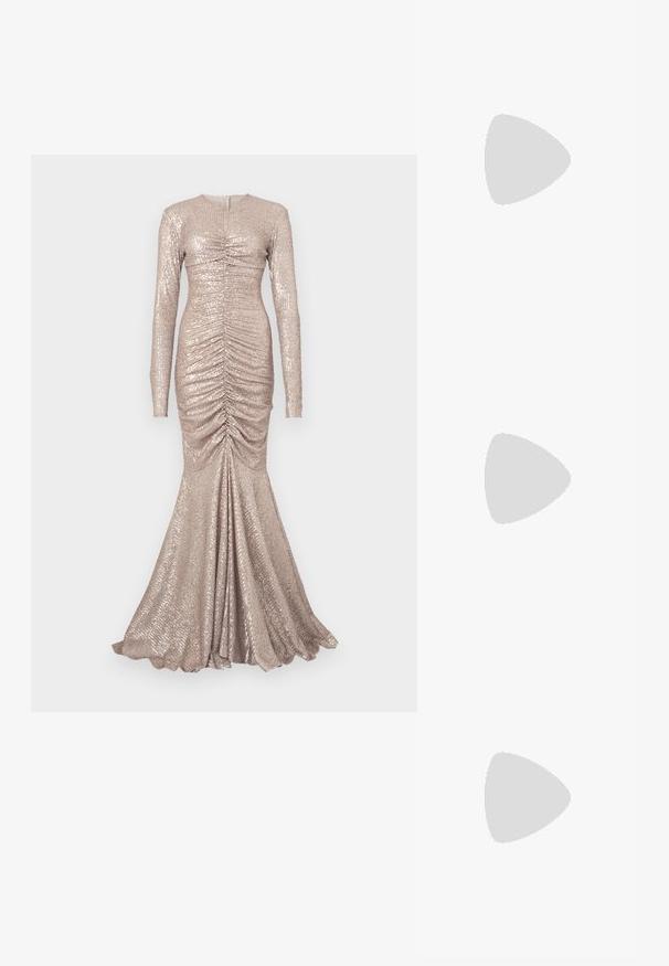 Long-sleeve, fitted evening gown in rose gold, featuring ruched detailing and a flared hem. Made of sequined fabric with a smooth texture.; Black patent slingback heel with a pointed toe, featuring textured snake print, adjustable strap, and a short, textured block heel.; Black leather crossbody bag with two front pockets, gold buckles, zipper closure, and a slim strap. Textured surface and compact rectangular shape.; Gold-tone metal hoop earrings with a curved, elongated shape. Features a smooth, shiny surface and a rounded tip for added detail.