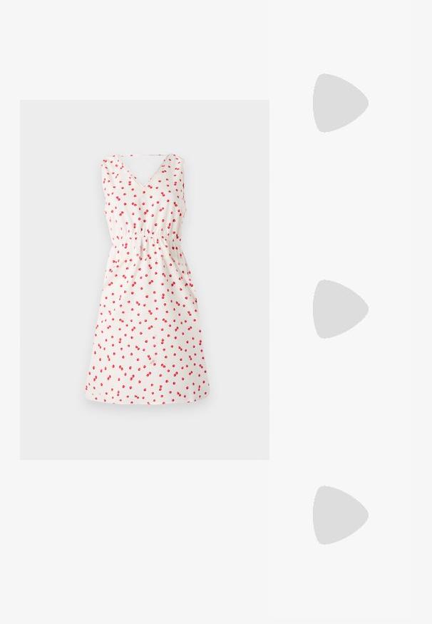 White sleeveless dress with a V-neck, featuring a cherry print in red. Elastic waist detail and flared skirt for a relaxed fit.; Pale pink slingback flats with a pointed toe, made from a smooth leather-like material. Features cut-out details at the sides and a flat heel.; Black leather handbag with a curved shape, detachable strap, and gold hardware. The bag features a flap with a buckle detail.; Gold-tone ring featuring an organic, twisted design with smooth texture and tapered ends, creating a modern, sculptural appearance.