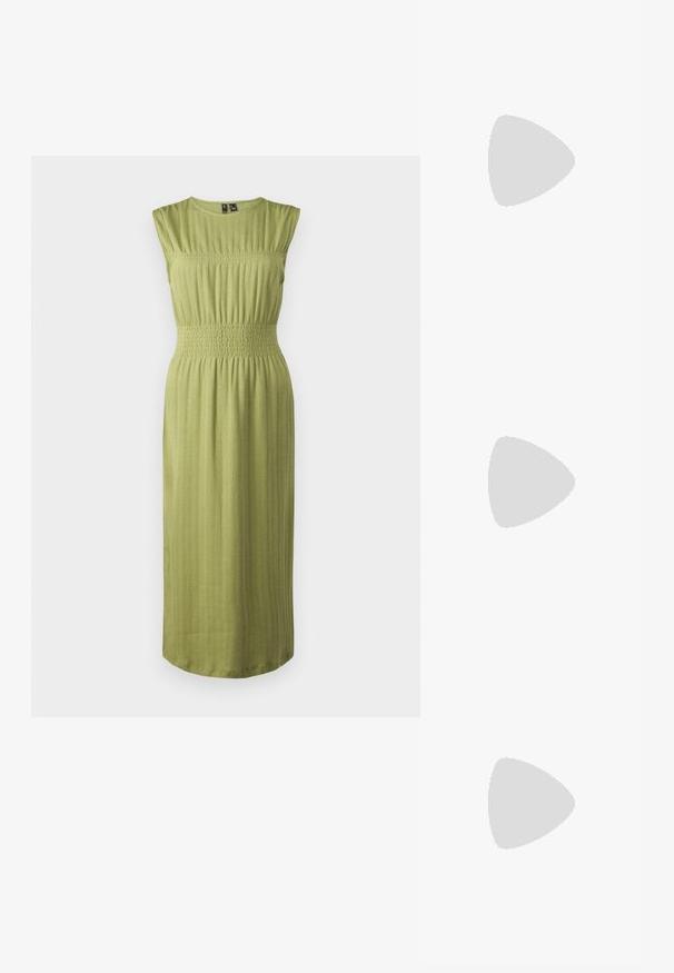 Vestido verde, sem mangas, com um corpete ajustado e cintura franzida. Tecido texturizado com linhas verticais sutis. Comprimento midi com barra reta.; Sandy em verniz preto com salto slingback, ponta afilada e salto geométrico. Apresenta um design elegante e minimalista com textura suave.; Óculos tortoiseshell castanhos com lentes ovais, hastes finas e acabamentos transparentes. Apresenta um logótipo subtil na têmpora. Design elegante e leve.; Bolsa tote de couro castanho com uma textura suave, design de abertura superior e duas alças para o ombro. Apresenta costura mínima e sem hardware visível.