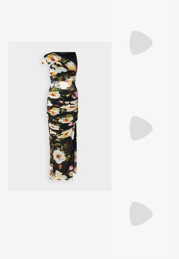 Blommig klänning med svart bas, design med en axel, rynkad textur, livfulla färger i blommönster och golvlång siluett.; Svarta patentläder slingback-klackar med spetsig tå och en liten blockklack, med en silvrig spänneaccent på remmen.; Svart läderhandväska med en böjd form, avtagbar rem och guldiga detaljer. Väskan har ett lock med en spänndetalj.; Ring i guldutförande med en organisk, vriden design, slät yta och avsmalnande ändar, vilket ger ett modernt, skulpturalt utseende.