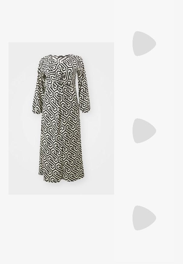 Black and white geometric print dress, long sleeves, tie detail at the waist, flowing fabric, below knee length.; Black patent leather slingback heels with a pointed toe and a geometric block heel. Features a sleek, minimal design and smooth texture.; Black leather handbag with a curved shape, detachable strap, and gold hardware. The bag features a flap with a buckle detail.; Zign 2 PACK - Bracelet - gold-coloured/silver-coloured