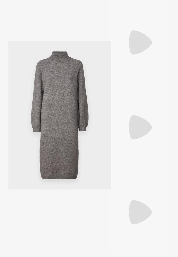 Grey knitted dress with a high neck, loose long sleeves, and a straight cut. Made of soft, textured fabric, reaching mid-calf.; Brown leather cowboy boots with pointed toe and block heel, featuring detailed stitching and raised accents on the shaft.; Black leather clutch bag with a flap and a gold metal buckle detail. Includes a black strap and a sleek, minimalist design.; Silver hoop earrings with a twisted design, featuring a polished finish and post-back closure. Measure approximately 3 cm in diameter.