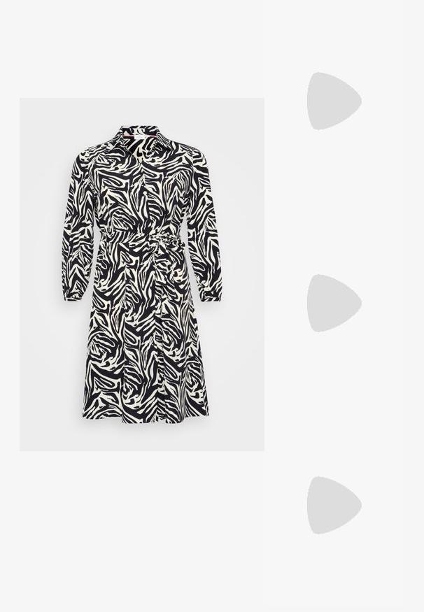 Long-sleeved dress in black and white zebra print, with a collared neckline and a belted waist. Made from a smooth, lightweight fabric.; Black patent leather slingback shoe with pointed toe, ankle straps featuring silver buckles and hardware, and a slender heel.; Gold metal eyeglasses with oval lenses, slim arms, and clear nose pads. Features subtle hinge accents and transparent lenses.; Set of 16 silver bangles with various textures, including smooth, twisted, and beaded patterns, arranged in four rows on a white background.