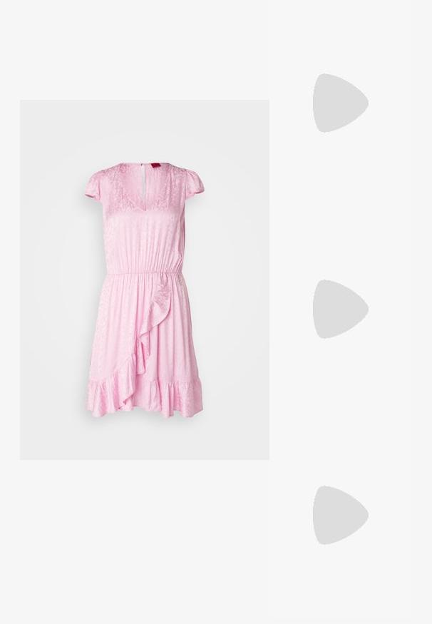 Pink dress with a V-neck, short cap sleeves, elastic waistband, and ruffled hem. Features a subtle textured pattern and back keyhole closure.; White leather sneaker with beige suede accents, gum rubber sole, and lace-up design. Features subtle branding in gold.; CHPO ALICE UNISEX - Sunglasses - milky tea/grey; Silver hoop earrings with a smooth, shiny finish. Rounded shape, lightweight design, featuring a post-back closure.