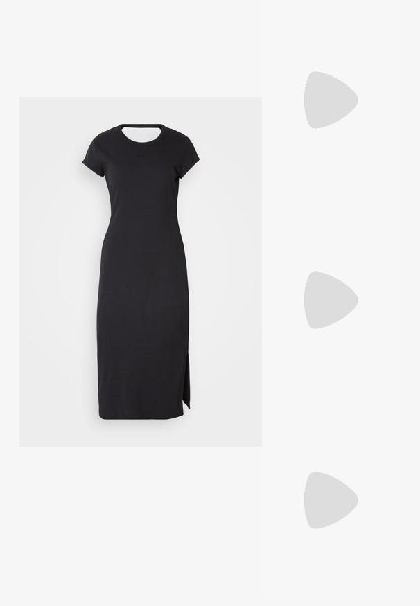 Black, short-sleeve, knee-length dress with a round neckline and side slit. Made of smooth, stretchy fabric for comfort.; Black leather slingback heels with a pointed toe, featuring a slim heel and a gold-tone accent on the adjustable strap. Smooth texture.; Black leather handbag with a structured design, featuring a cropped shape, top handle, and gold hardware accent. Adjustable shoulder strap included.; Silver metal hoop earrings with a smooth, shiny surface and a structured, rounded design. Features a hinged clasp for secure wear.
