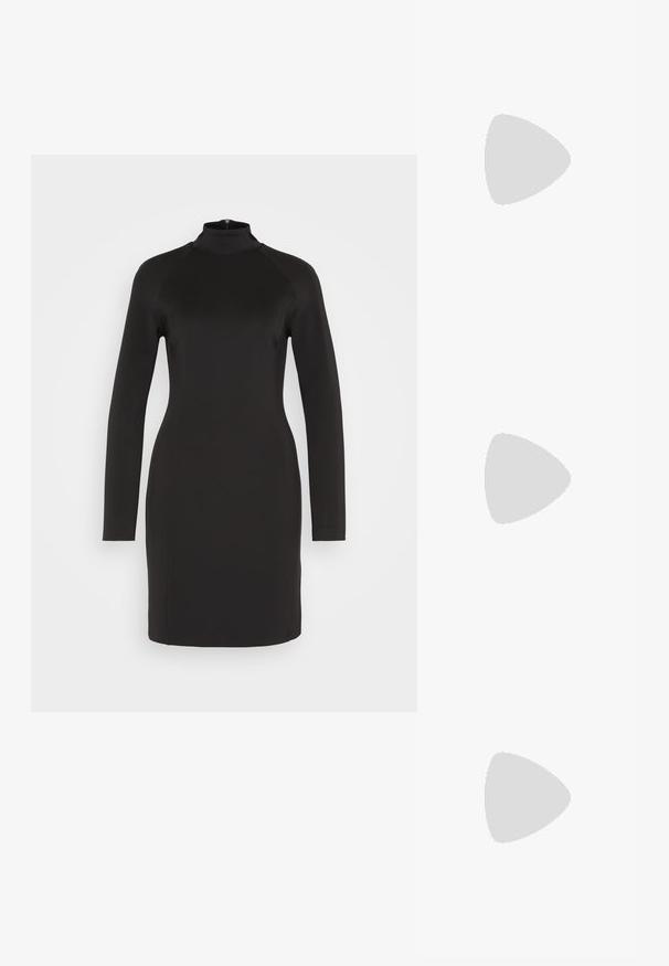 Robe noire à manches longues avec un col montant, fabriquée dans un tissu lisse. Elle présente une silhouette ajustée et une fermeture éclair au dos.; Chaussure à talon haut en cuir noir avec un bout pointu, texture lisse et un talon effilé. Design minimaliste, sans embellissements supplémentaires.; Sac à épaule en cuir noir au toucher doux, de forme triangulaire et avec une bandoulière réglable, associé à une chemise à rayures bleu clair et à un pantalon blanc.; Cadenas en forme de cœur en argent avec les inscriptions gravées "OUI" et "NON", finition polie, design symétrique et un robuste fermoir en métal.