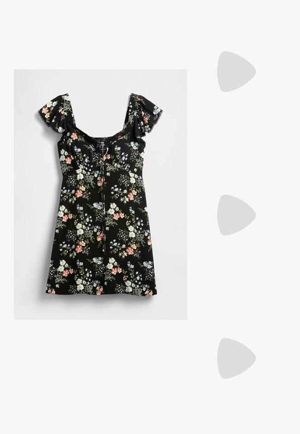 Black floral dress featuring puff sleeves, a square neckline, and a fitted bodice. Includes colorful floral patterns in pink, blue, and white.; Black patent leather slingback heels with a pointed toe and a geometric block heel. Features a sleek, minimal design and smooth texture.; Black leather handbag with a curved shape, detachable strap, and gold hardware. The bag features a flap with a buckle detail.; Gold-tone metal earring with a sleek, curved design. Features a distinctive pointed shape, polished surface, and hinge closure.