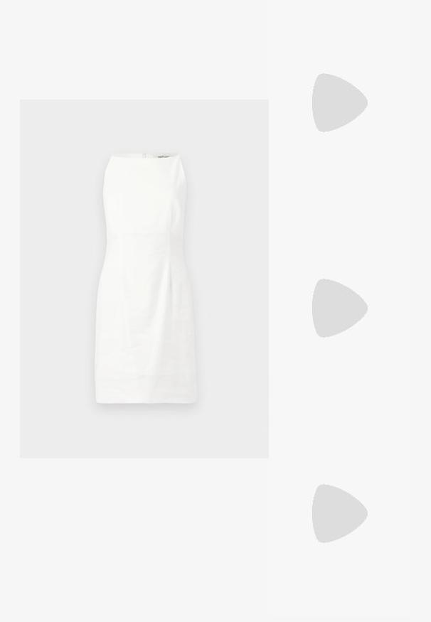 Vit ärmlös klänning med en figursydd form, slät textur och en dold bakdragkedja. Minimalistisk design utan mönster eller accenter.; Svart lackskin slingback-häl med spetsig tå, med texturerad ormskinnsprint, justerbar rem och en kort, texturerad blockklack.; Svart läderaxelväska med två framfickor, guldspännen, dragkedjestängning och en smal rem. Texturerad yta och kompakt rektangulär form.; Guldtonade metallörhängen i en kurvad, avlång form. Har en slät, glänsande yta och en rundad spets för en extra detalj.
