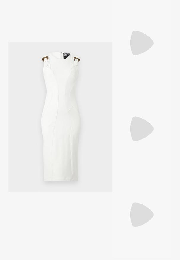 Versace Jeans Couture Džersio suknelė - cloud dancer; Juodas odinis slingback batelis su smailiu pirštu ir auksine metaline nose. Pasižymi išpjovimo dizainu ir plonu kulnu su reguliuojamu dirželiu.; Maje MISS MINI - Rankinė per petį - noir; Aukso spalvos auskarai su keliais kaskadiniais grandinėlėmis, su skaidriais ovaliais kristalų akcentais ir dekoratyviniais auskarų priekiais.