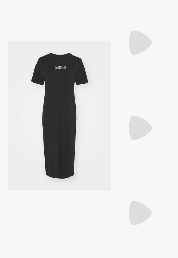 Barbour International SOFIA MIDI DRESS - Jersey dress - black; Silver heeled sandal with a block heel, featuring thin straps and an ankle buckle. The material has a metallic finish with a textured appearance.; Black leather jacket with button closure and two front pockets, paired with a black quilted handbag featuring a gold clasp and chain strap.; Silver hoop earrings with a smooth, curved design. Features a shiny metallic finish and stud closure. No visible patterns or accents.