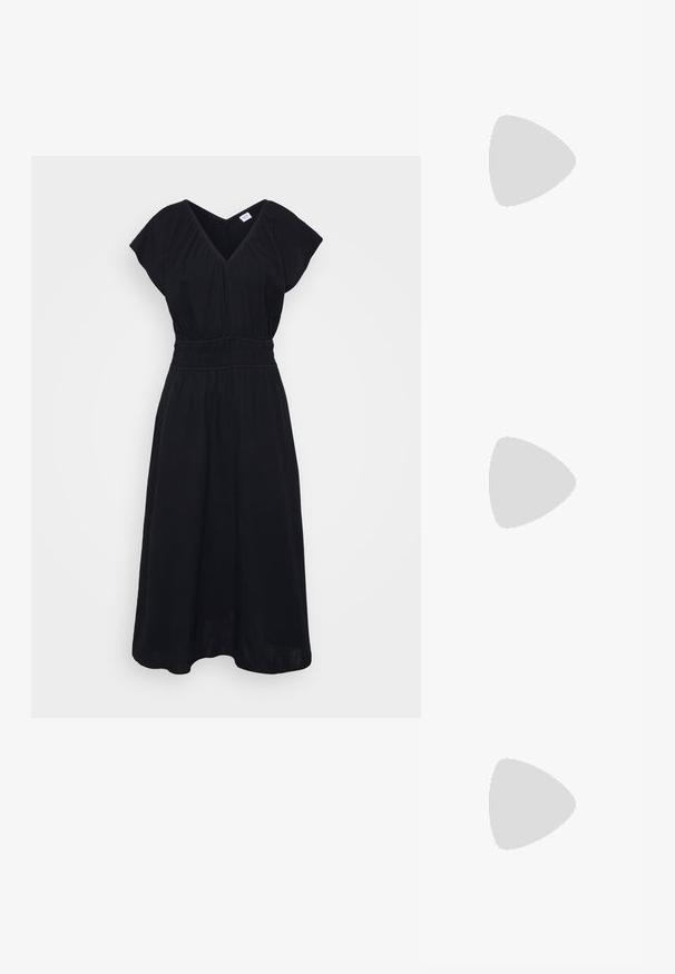 Black V-neck dress with short sleeves, gathered waist, and flowing skirt. Made from lightweight fabric with a textured finish.; Black patent leather slingback shoes with a pointed toe, silver hardware detail, and a low block heel. Smooth, shiny texture throughout.; Black leather crossbody bag featuring a smooth texture, rectangular shape, and a metallic chain detail on the front. Adjustable strap included.; Silver drop earrings with a square stud, featuring a smooth, polished finish and a teardrop shape, reflecting light with a glossy surface.