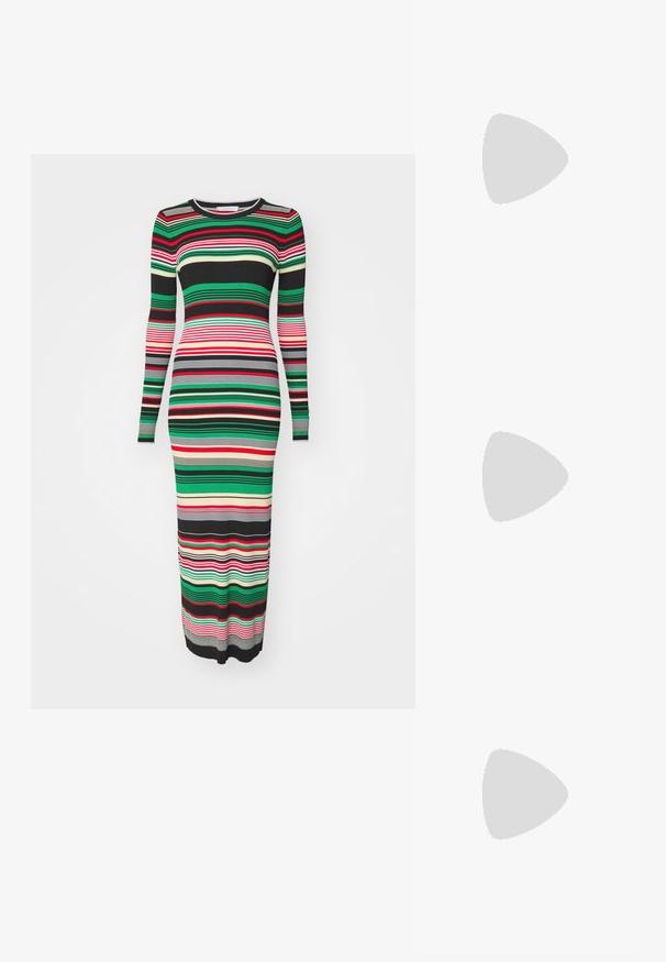 Pitkähihainen, ribbitekstiilistä valmistettu mekko, jossa on monivärisiä vaakaraitoja vihreänä, punaisena, mustana ja béigena. Muotoon mukautuva, pyöreä pääntie.; Musta nahkainen ballerina, jossa on pyöristetty kärki, sileä pinta, minimaalinen ommelkoristelu ja joustava pohjamuotoilu.; Sunglasses dengan motif kura-kura dengan bingkai persegi panjang, lensa gradasi coklat, dan aksen perak yang khas di jembatan.; Ruskea nahkainen käsilaukku, jossa on läppäkiinnitys, kultasävyiset yksityiskohdat, olkahihna ja sileä pinta. Kompaktin suorakaiteen muotoinen.