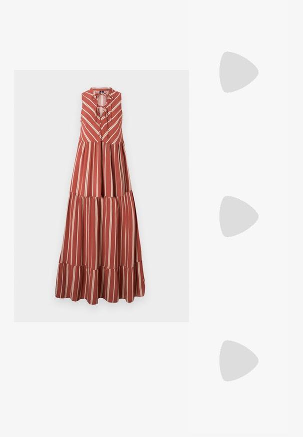 Maxi dress in rust with vertical ivory stripes, featuring a tie neck, sleeveless design, and tiered flounce hem. Cotton texture.; Anna Field Classic heels - black; Anna Field Handbag - black; Gold-tone hoop earrings with a smooth, polished finish. Features a half-circle shape and a secure post closure.