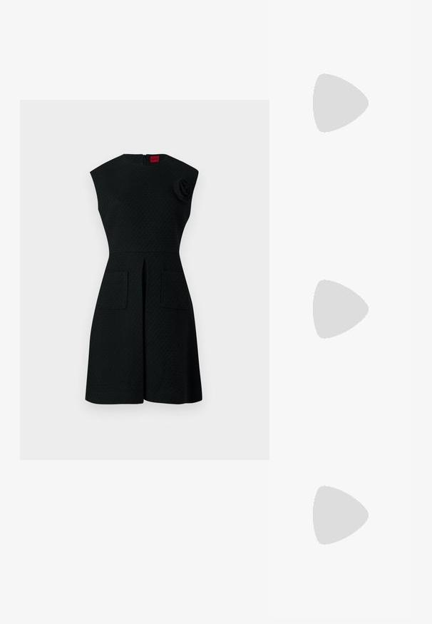 Black dress with a textured pattern, cap sleeves, two front pockets, and a floral accent detail on the shoulder. Back zipper closure.; Black high-heeled sandals feature thin straps with a knotted design, a smooth square toe, and a sleek stiletto heel.; Light gray metallic handbag featuring a chain strap, embellished with small circular metallic studs and a triangular brand logo.; Silver hoop earrings with a smooth, shiny finish. Rounded shape, lightweight design, featuring a post-back closure.