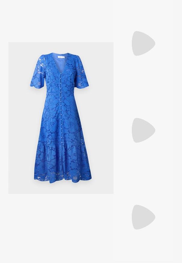 Blue lace dress with a V-neck, short sleeves, floral pattern, and button closure down the front. Flared skirt hemline.; Pointed-toe high heel shoe with a silver, gold, and nude color scheme. Glossy finish with cutout design, featuring a stiletto heel.; Silver metallic pouch bag with a soft, rounded shape and a knotted top closure. Made from smooth faux leather material.; Silver hoop earrings with a twisted design, featuring a polished finish and post-back closure. Measure approximately 3 cm in diameter.